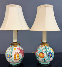 Load image into Gallery viewer, Pair of Italian Hand-Painted Ceramic Bedside Lamps with Stylized Animal Motifs