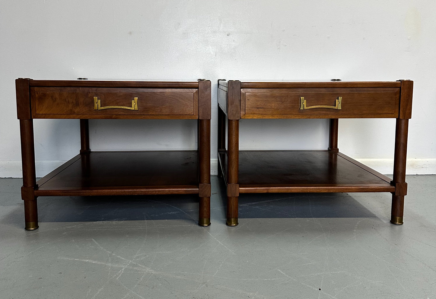 SOLD – Pair of Heritage "Ming" Nightstands in Walnut with Brass Accents Mid Century