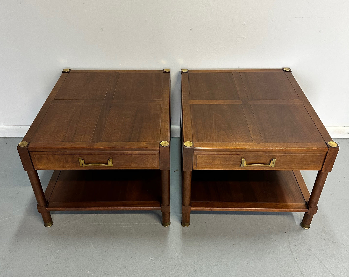 SOLD – Pair of Heritage "Ming" Nightstands in Walnut with Brass Accents Mid Century