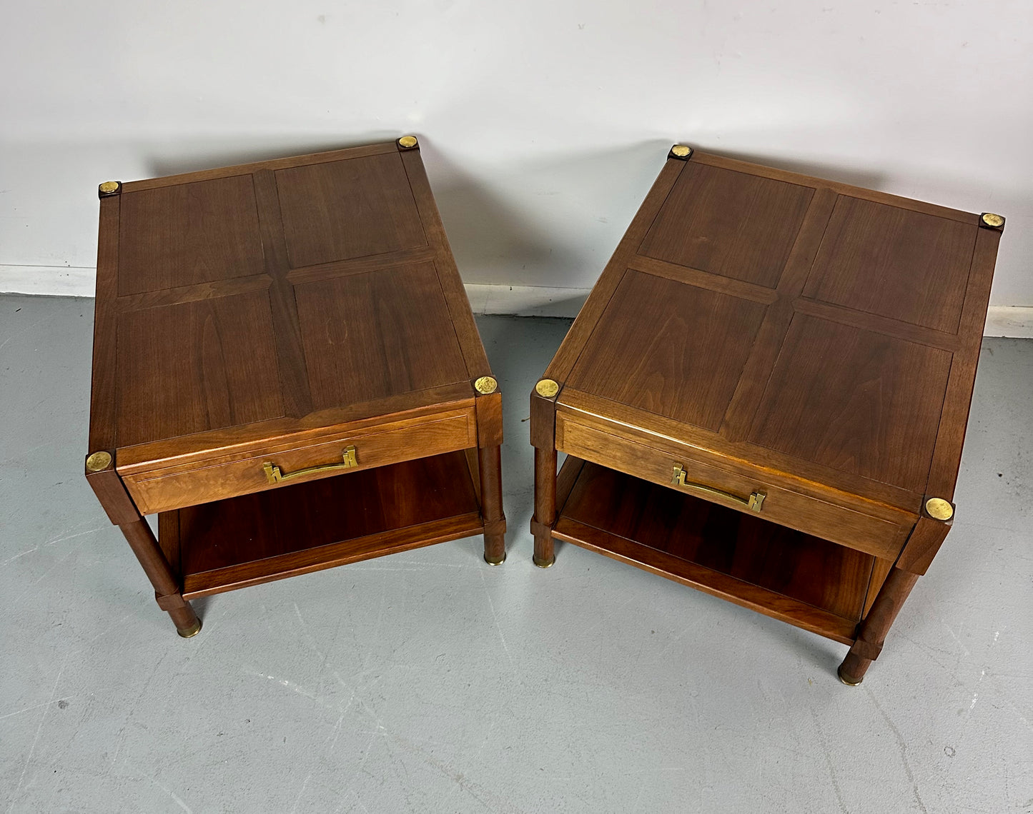 SOLD – Pair of Heritage "Ming" Nightstands in Walnut with Brass Accents Mid Century