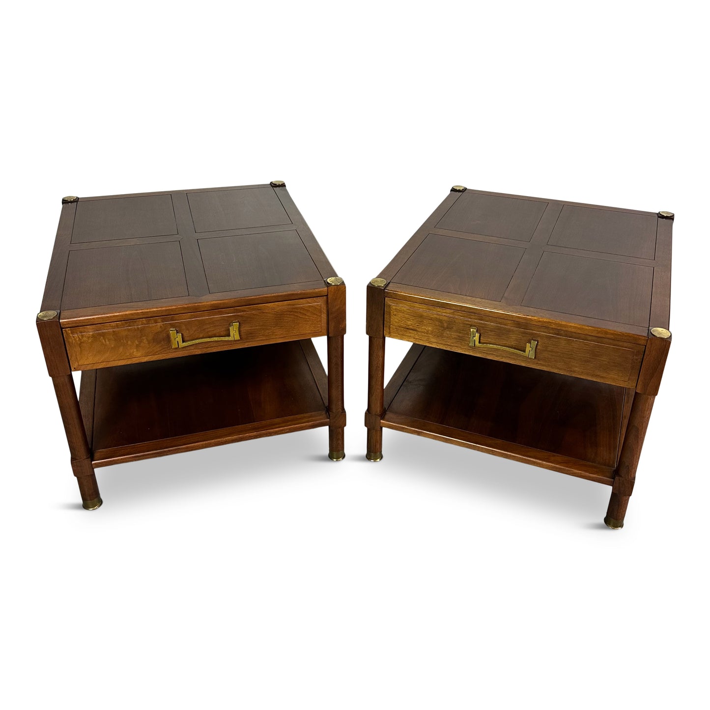 SOLD – Pair of Heritage "Ming" Nightstands in Walnut with Brass Accents Mid Century