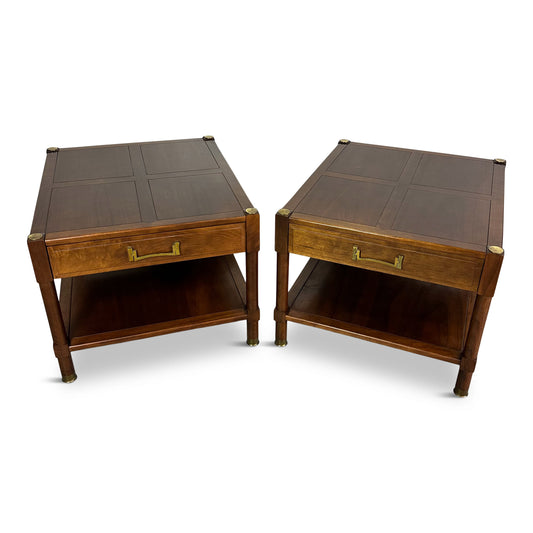 Pair of Heritage "Ming" Nightstands in Walnut with Brass Accents Mid Century