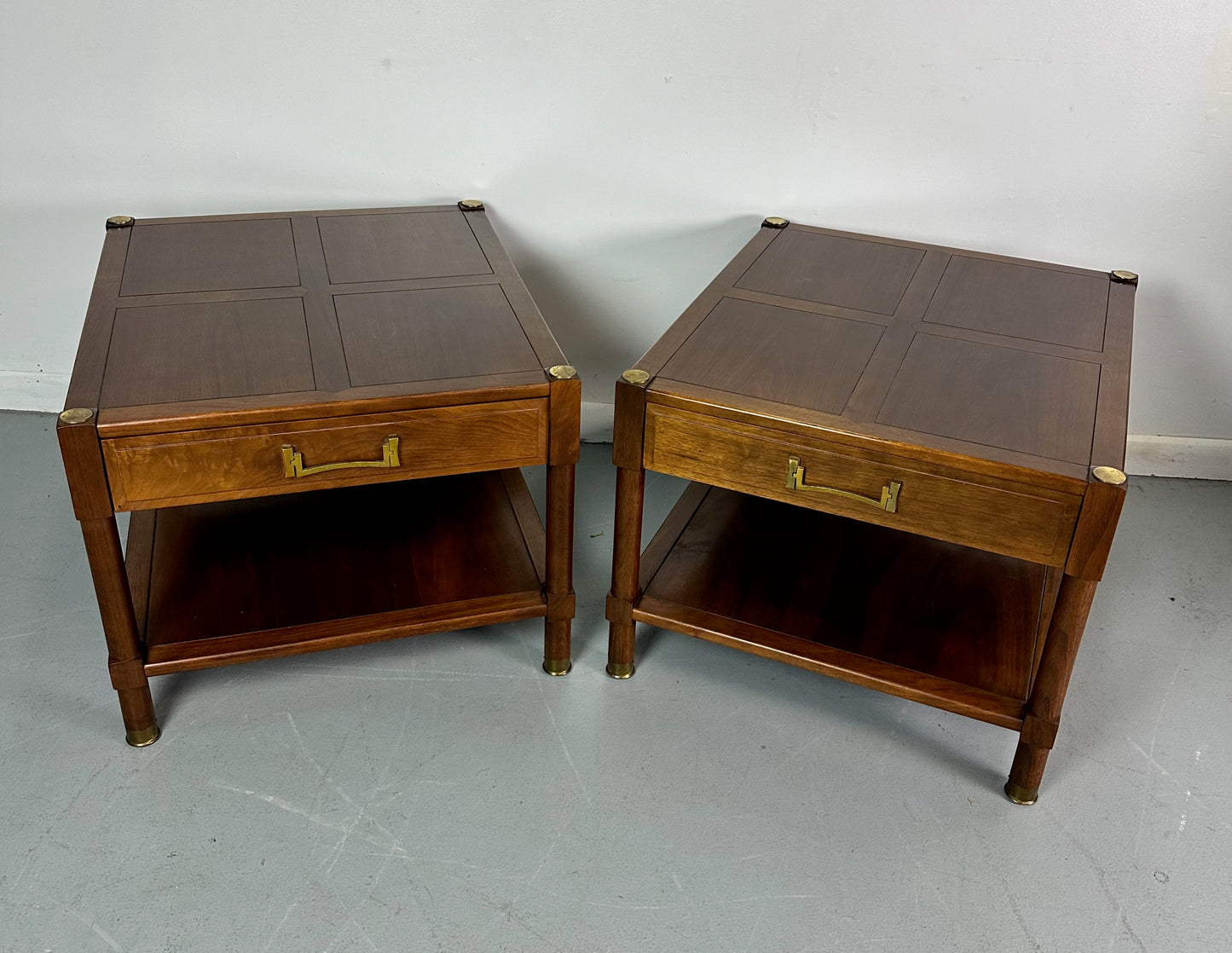 SOLD – Pair of Heritage "Ming" Nightstands in Walnut with Brass Accents Mid Century