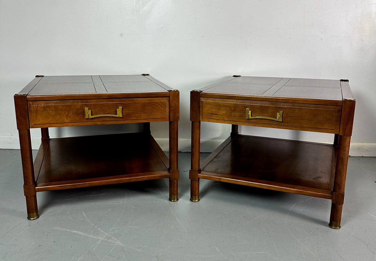 SOLD – Pair of Heritage "Ming" Nightstands in Walnut with Brass Accents Mid Century