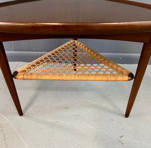 Danish Modern Walnut and Cane Selig Occasional Triangle End Table by Poul Jensen