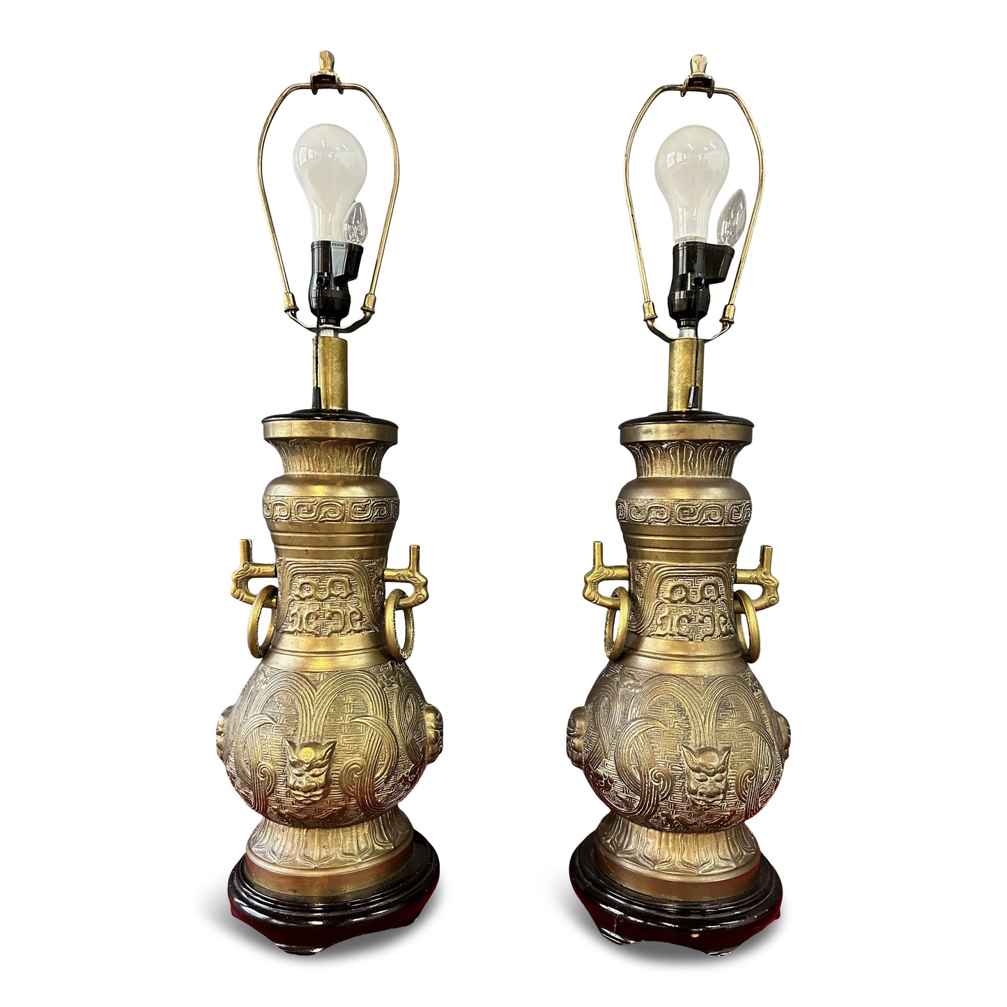SOLD – Pepe Mendoza Style Chinoise Bronze Table Lamps with Night Lite- a Pair