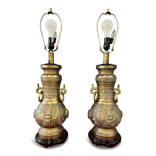 SOLD – Pepe Mendoza Style Chinoise Bronze Table Lamps with Night Lite- a Pair