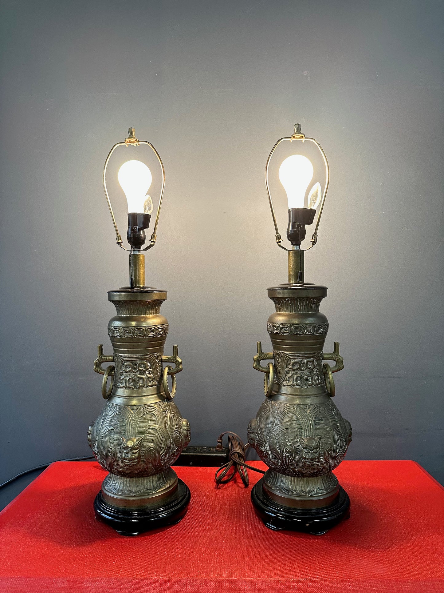 SOLD – Pepe Mendoza Style Chinoise Bronze Table Lamps with Night Lite- a Pair