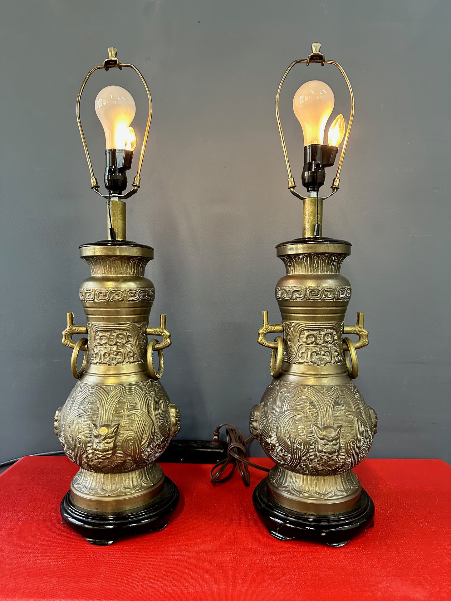 SOLD – Pepe Mendoza Style Chinoise Bronze Table Lamps with Night Lite- a Pair