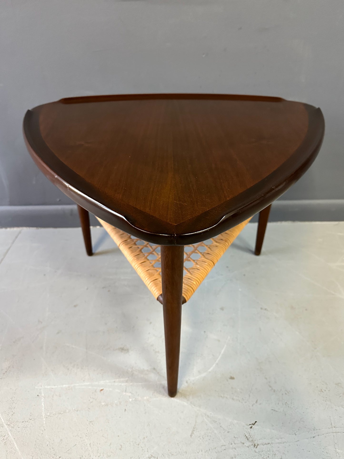 SOLD – Danish Modern Walnut and Cane Selig Occasional Triangle End Table by Poul Jensen