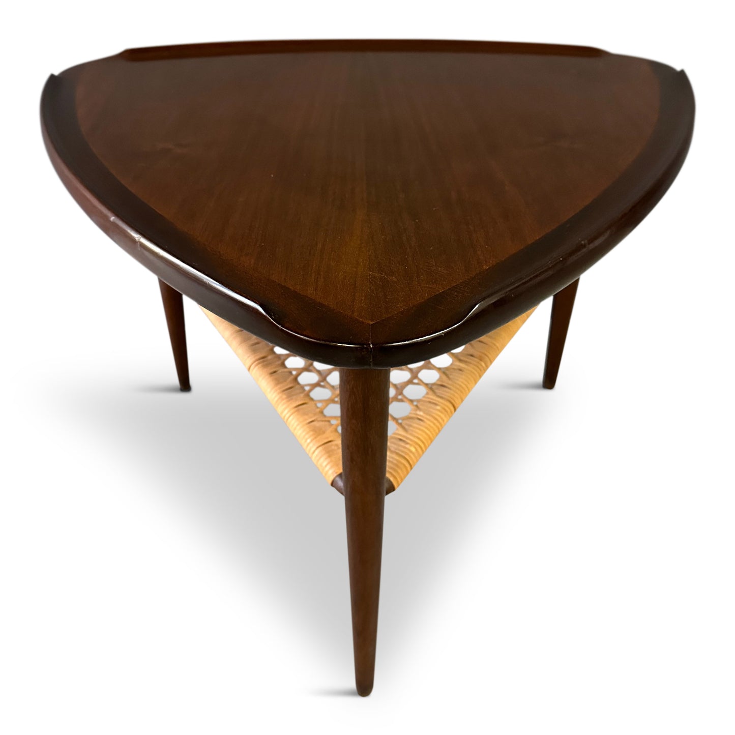 SOLD – Danish Modern Walnut and Cane Selig Occasional Triangle End Table by Poul Jensen