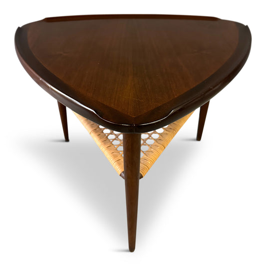 SOLD – Danish Modern Walnut and Cane Selig Occasional Triangle End Table by Poul Jensen