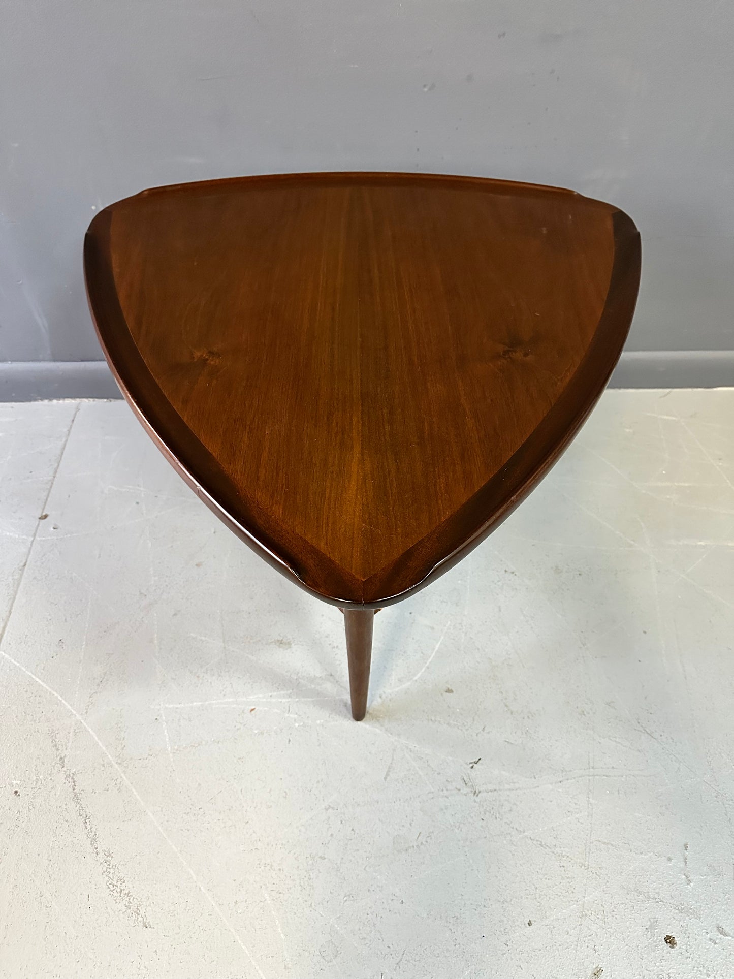 SOLD – Danish Modern Walnut and Cane Selig Occasional Triangle End Table by Poul Jensen