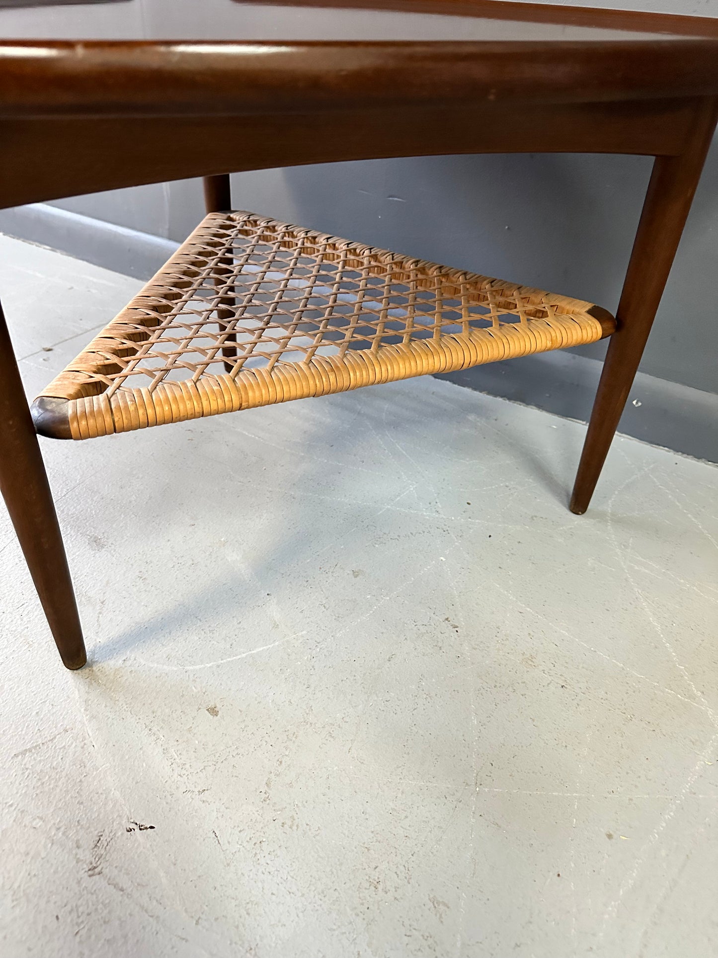SOLD – Danish Modern Walnut and Cane Selig Occasional Triangle End Table by Poul Jensen