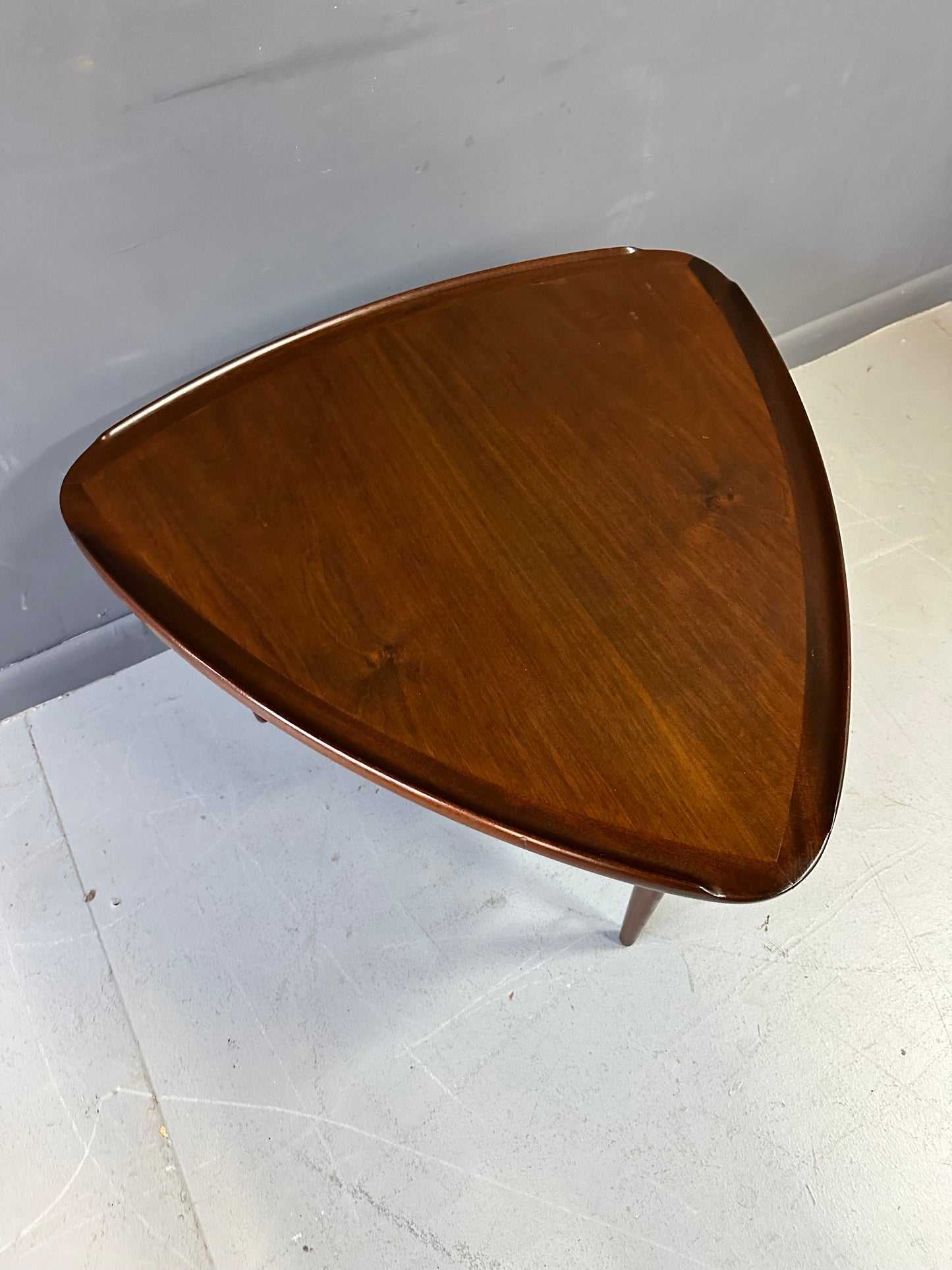 SOLD – Danish Modern Walnut and Cane Selig Occasional Triangle End Table by Poul Jensen