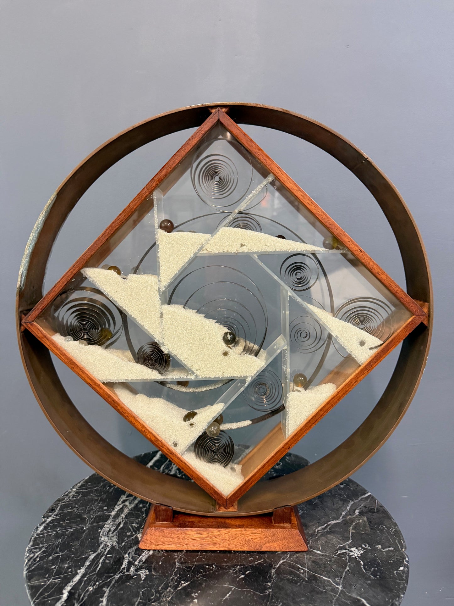Ann Wiseman Kinetic Sand Fountain Sculpture in Walnut, Lucite, and Brass