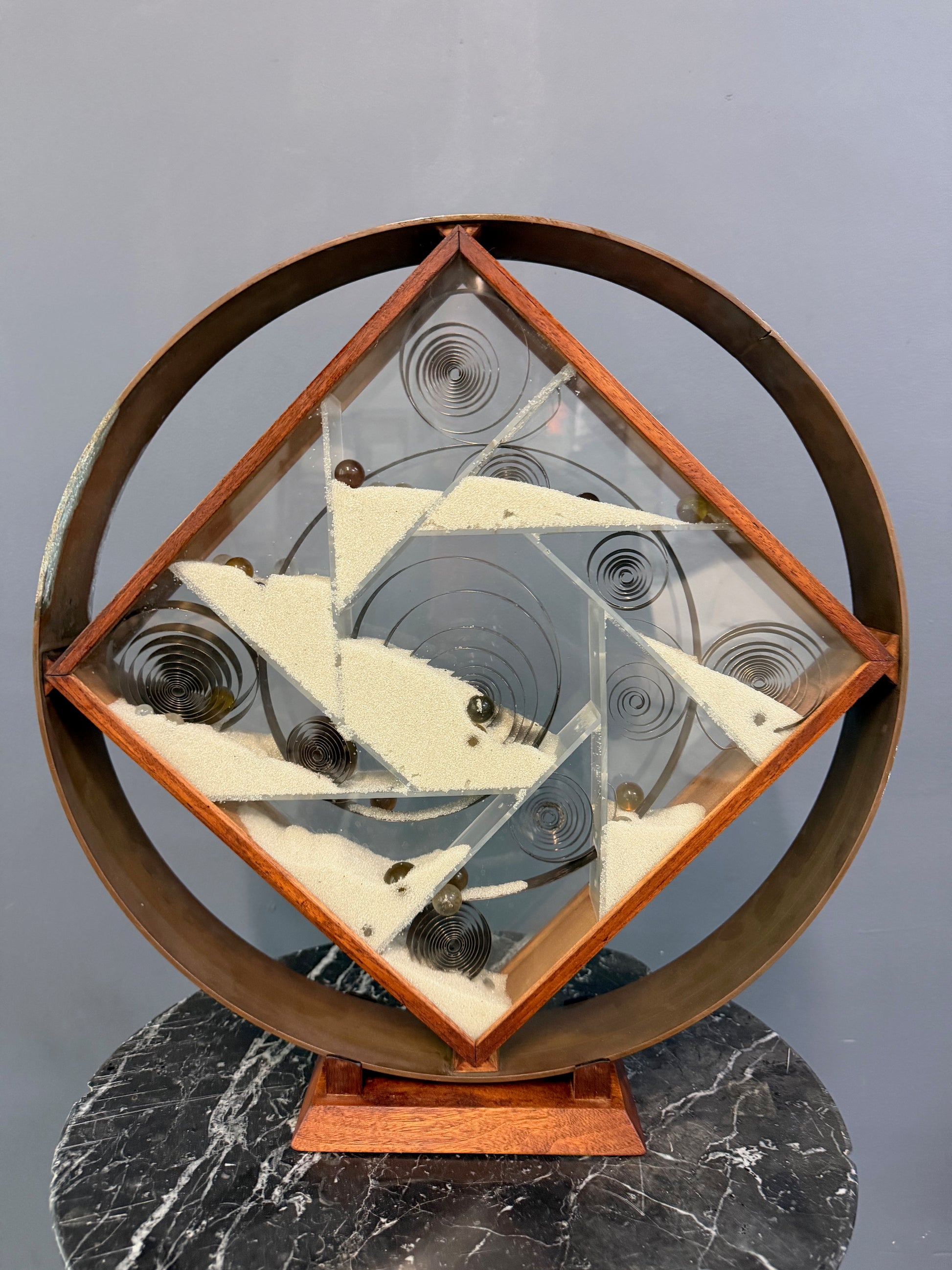 Ann Wiseman Kinetic Sand Fountain Sculpture in Walnut, Lucite, and Brass