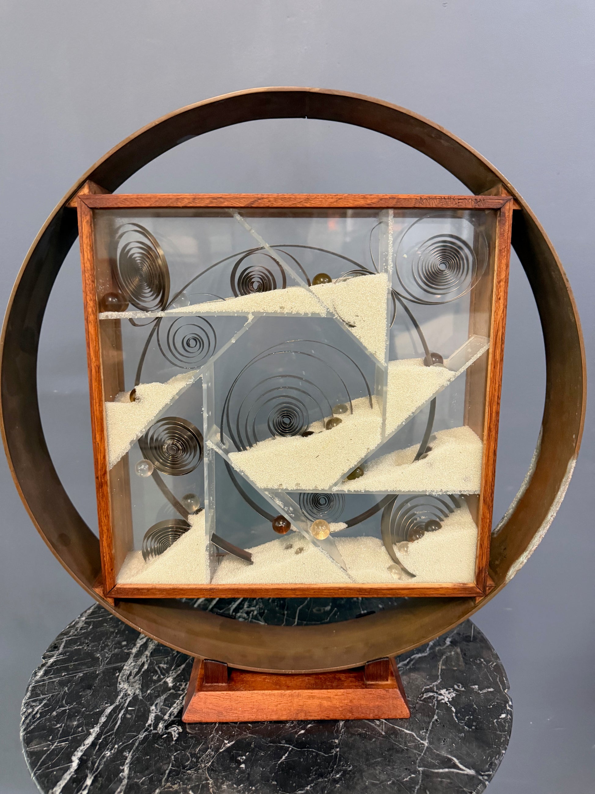 Ann Wiseman Kinetic Sand Fountain Sculpture in Walnut, Lucite, and Brass