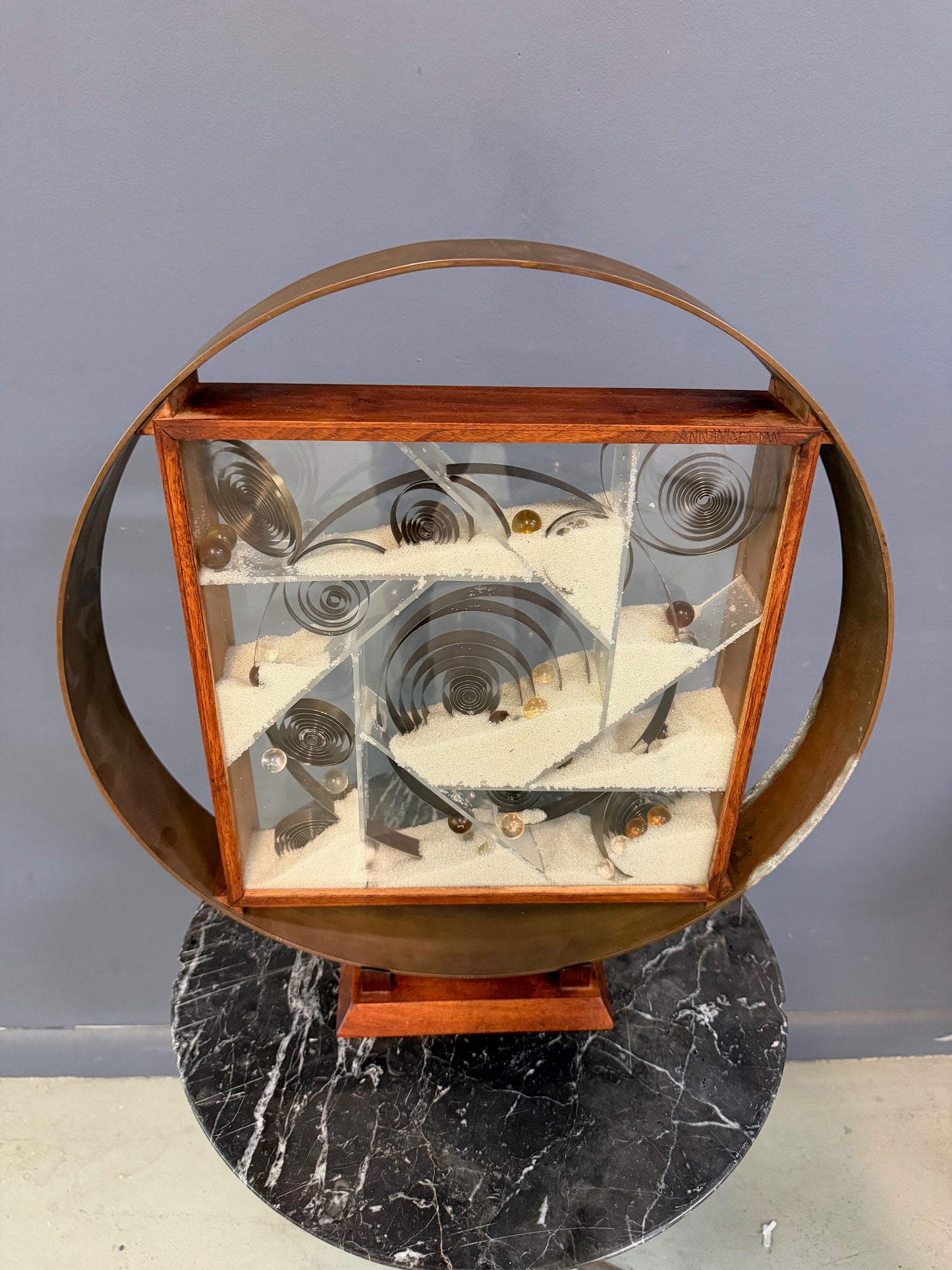 Ann Wiseman Kinetic Sand Fountain Sculpture in Walnut, Lucite, and Brass
