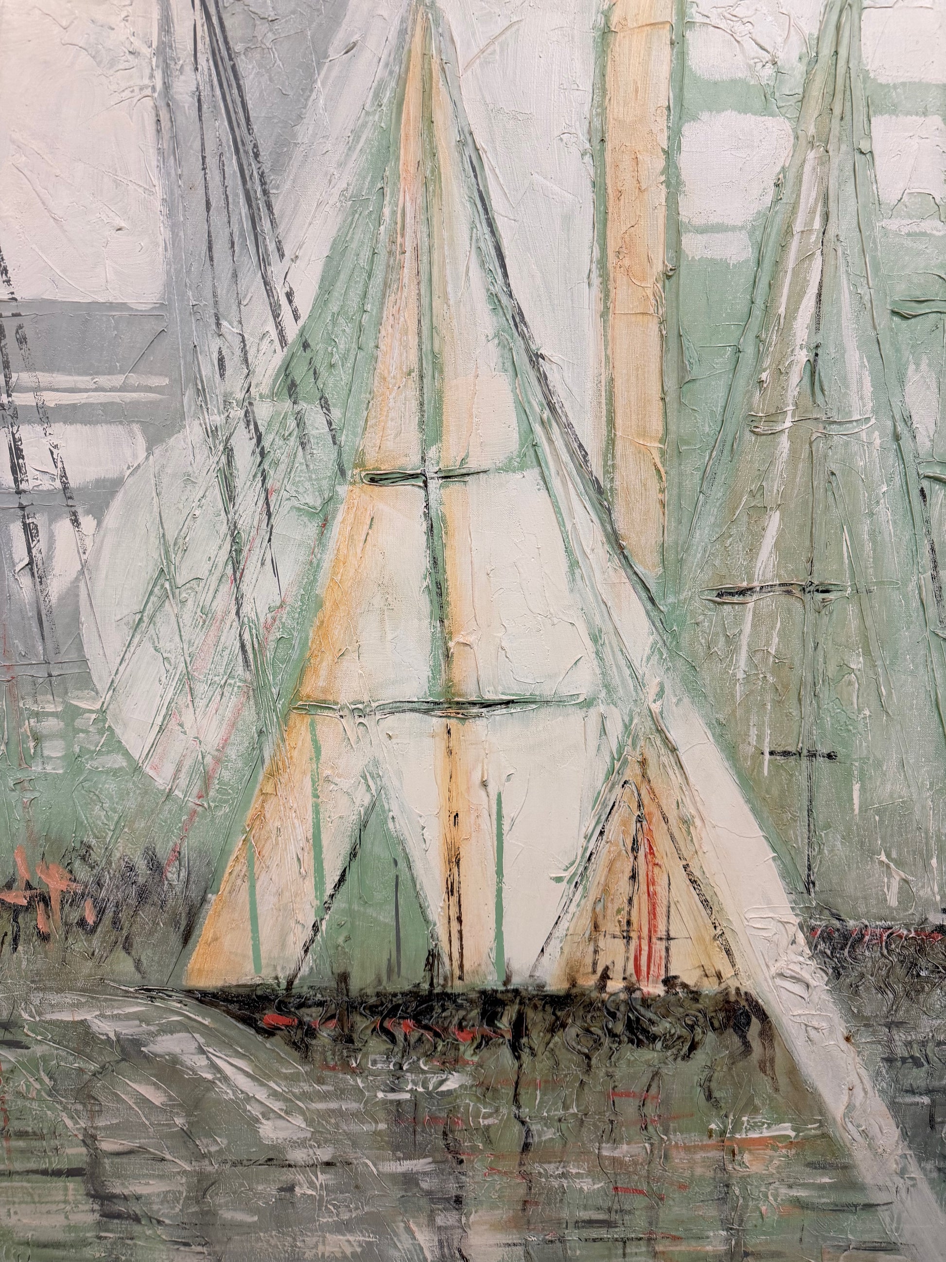 Large Abstract Mid Century Impasto Sailboat Harbor Scene by Ferrante