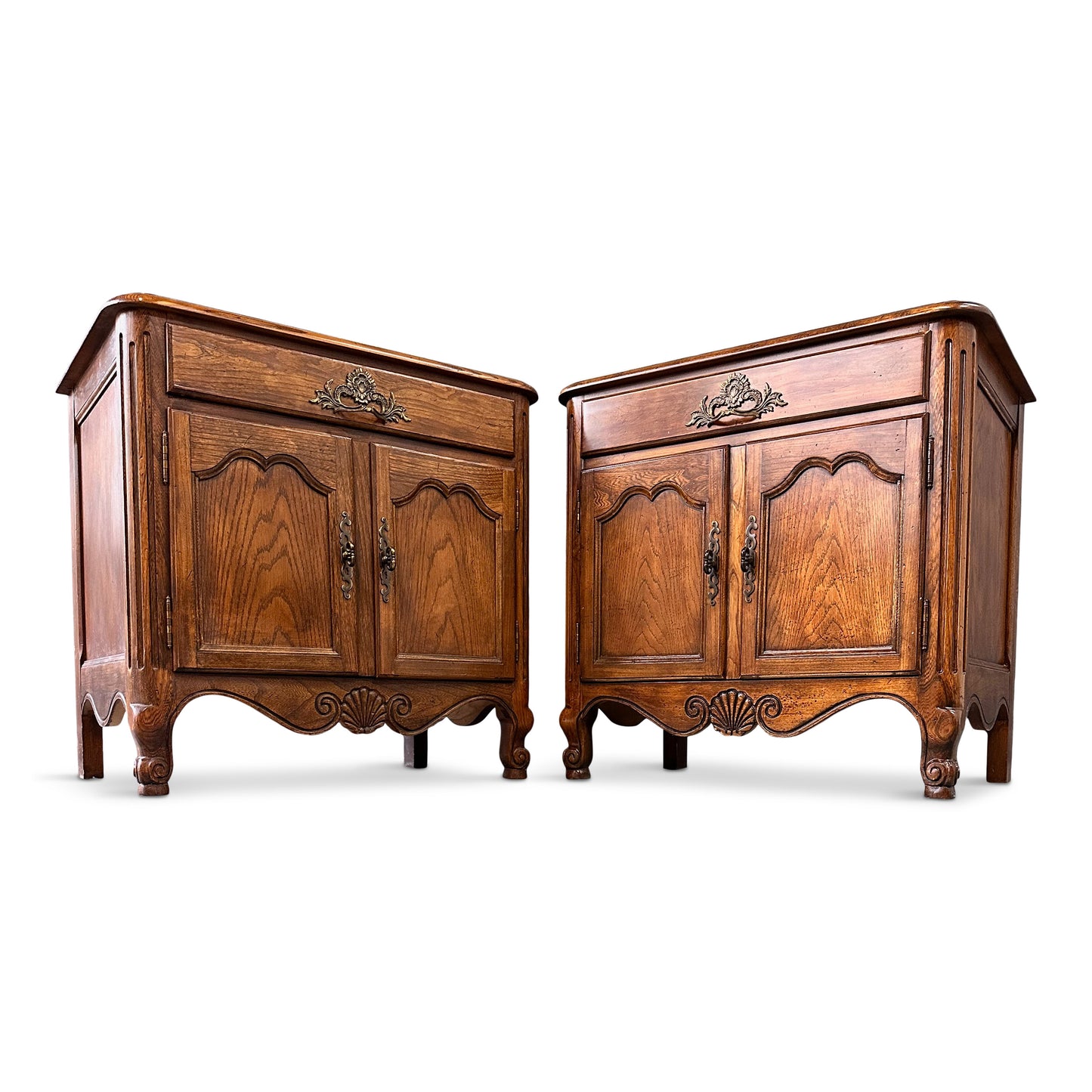 Baker Furniture French Provincial Oak Two Door Nightstands with One Drawer