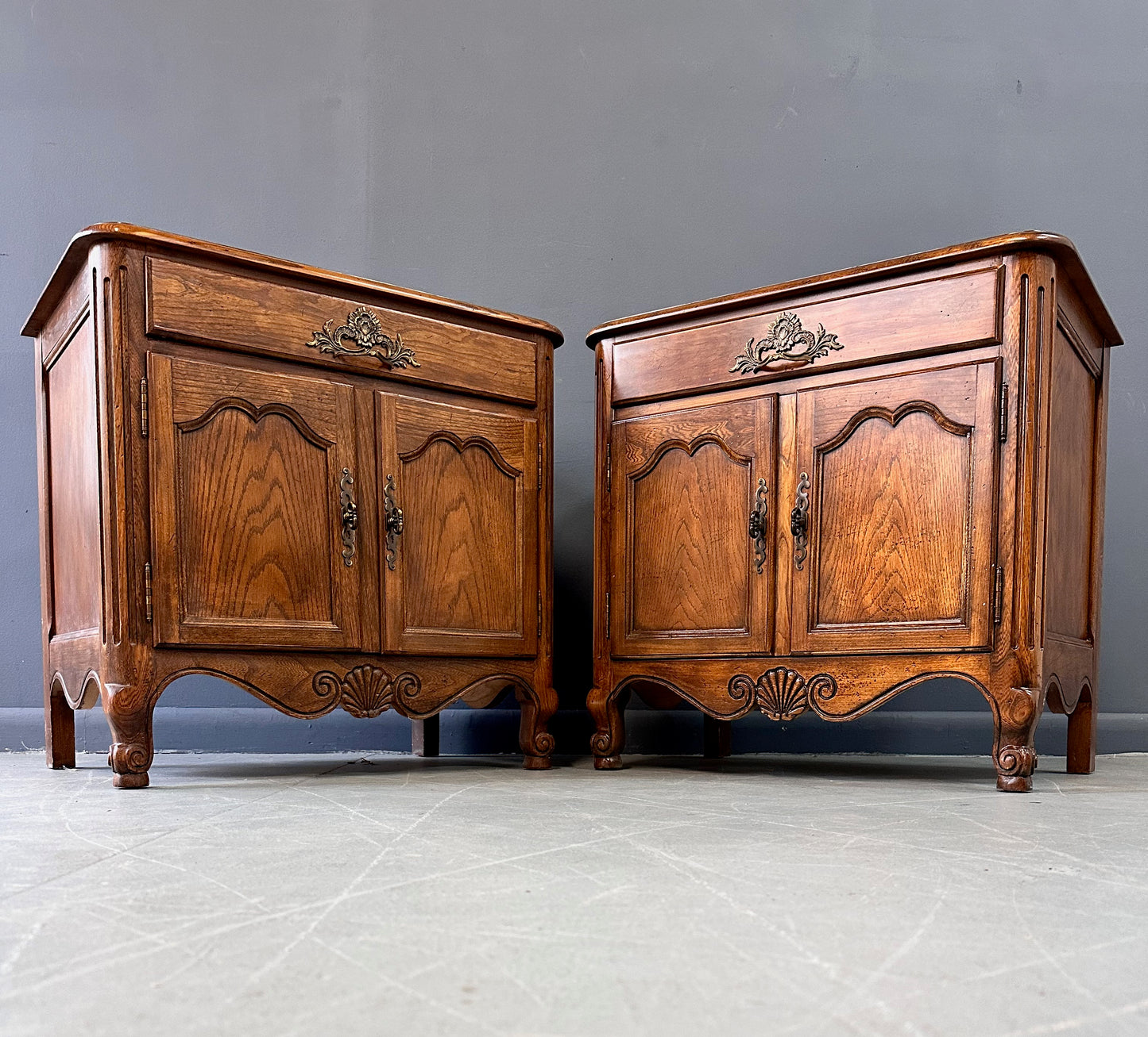 Baker Furniture French Provincial Oak Two Door Nightstands with One Drawer