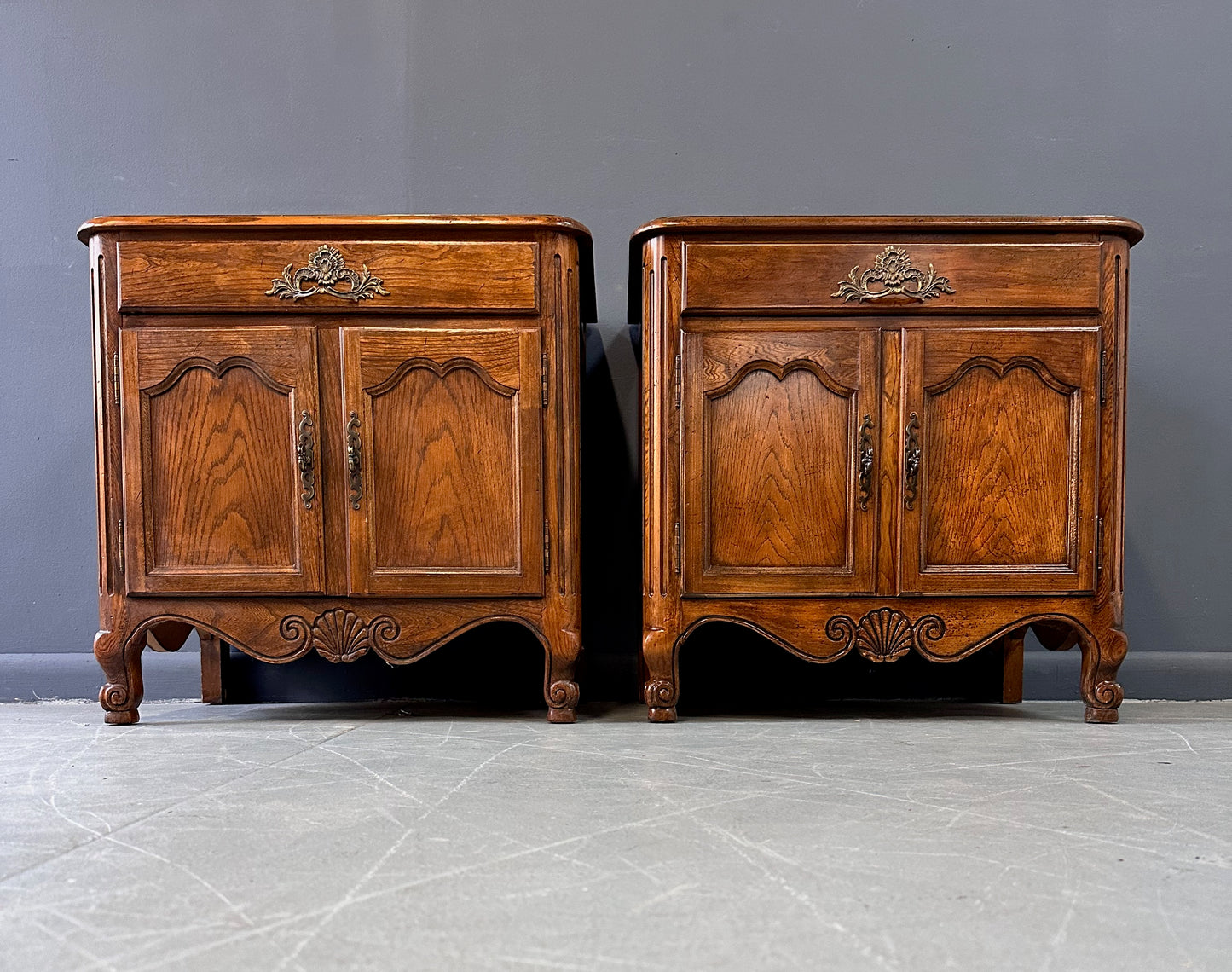 Baker Furniture French Provincial Oak Two Door Nightstands with One Drawer