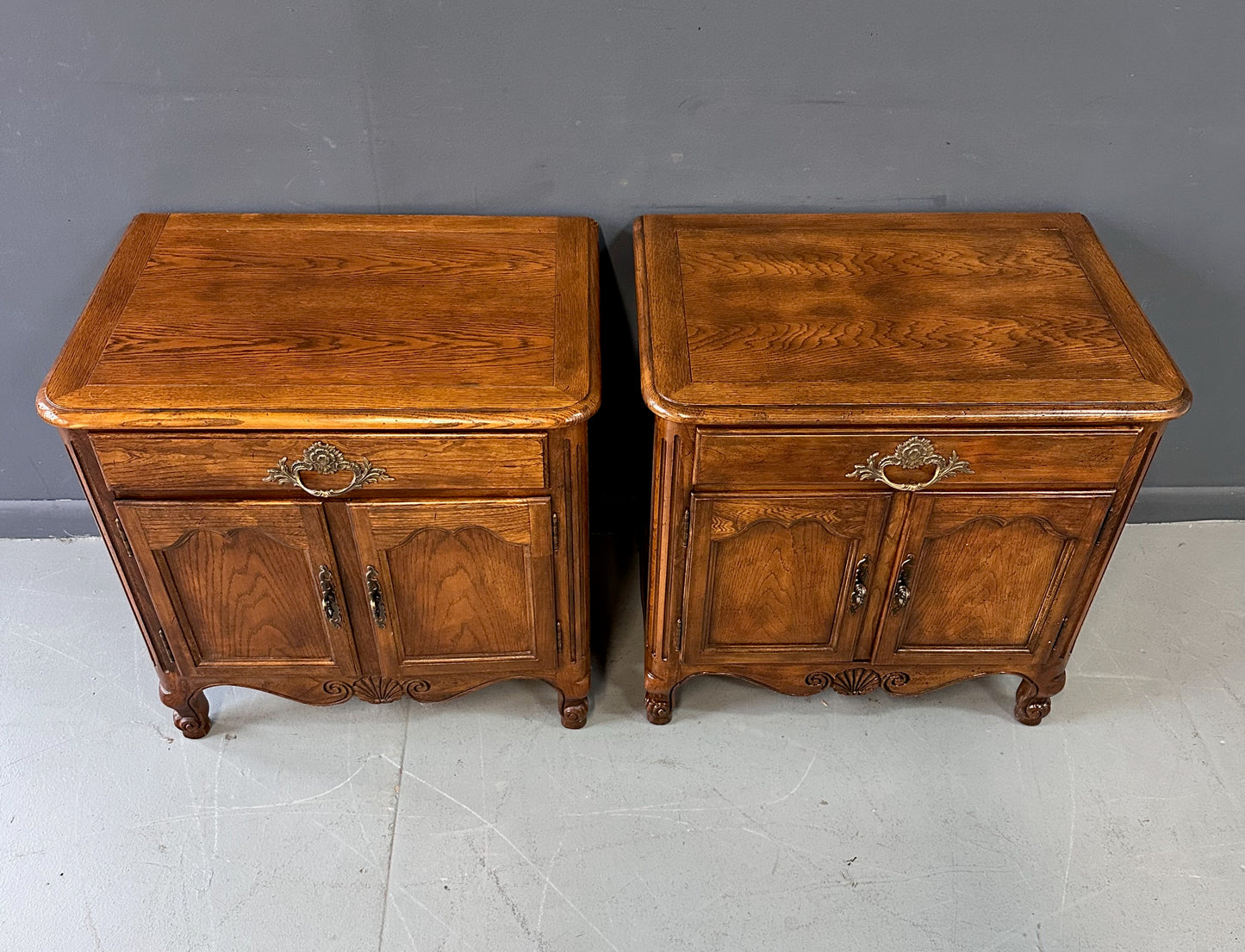 Baker Furniture French Provincial Oak Two Door Nightstands with One Drawer