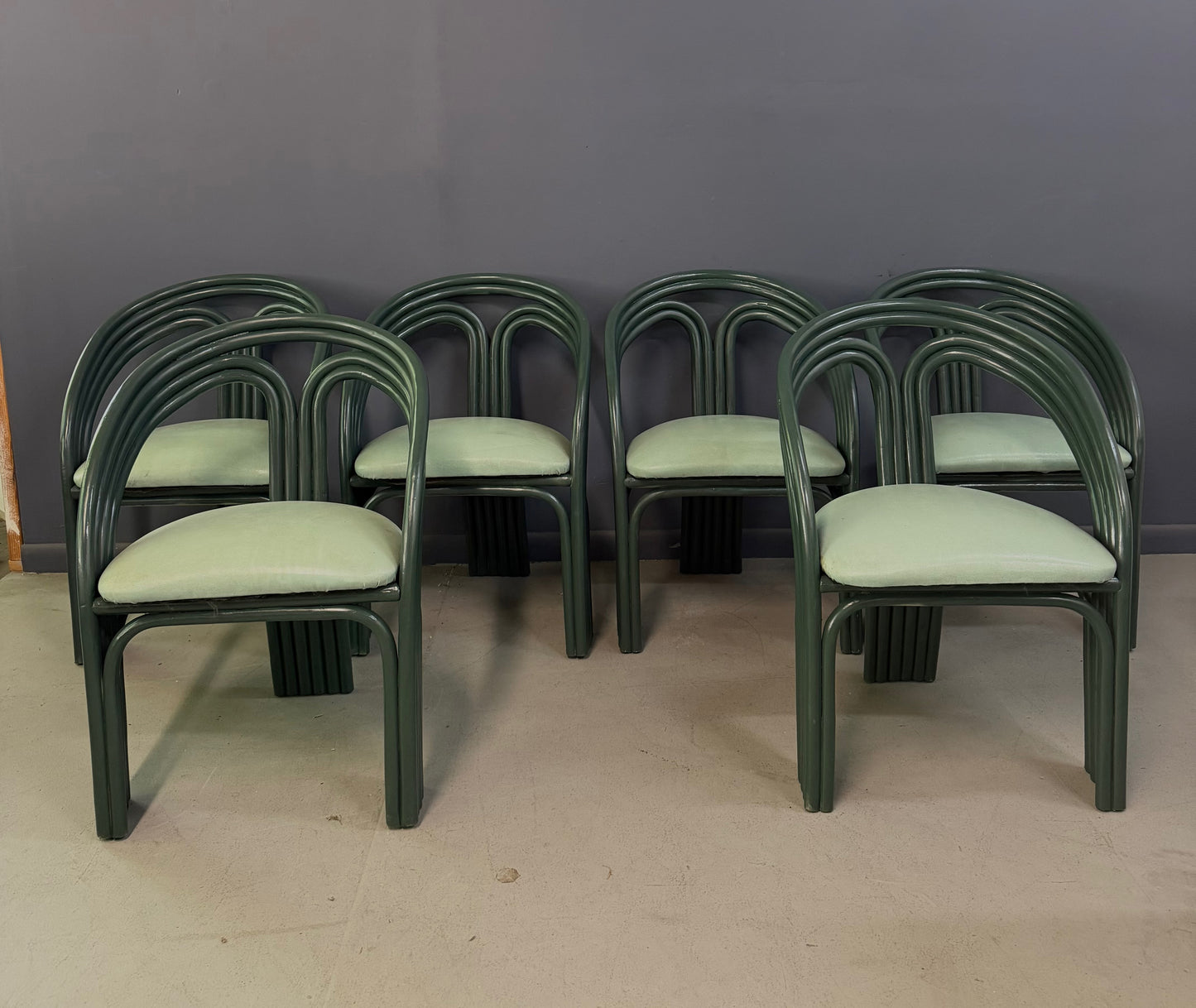 SOLD – Set of 6 Postmodern Green Bent Rattan Dining Chair in the Style of Axel Enthoven