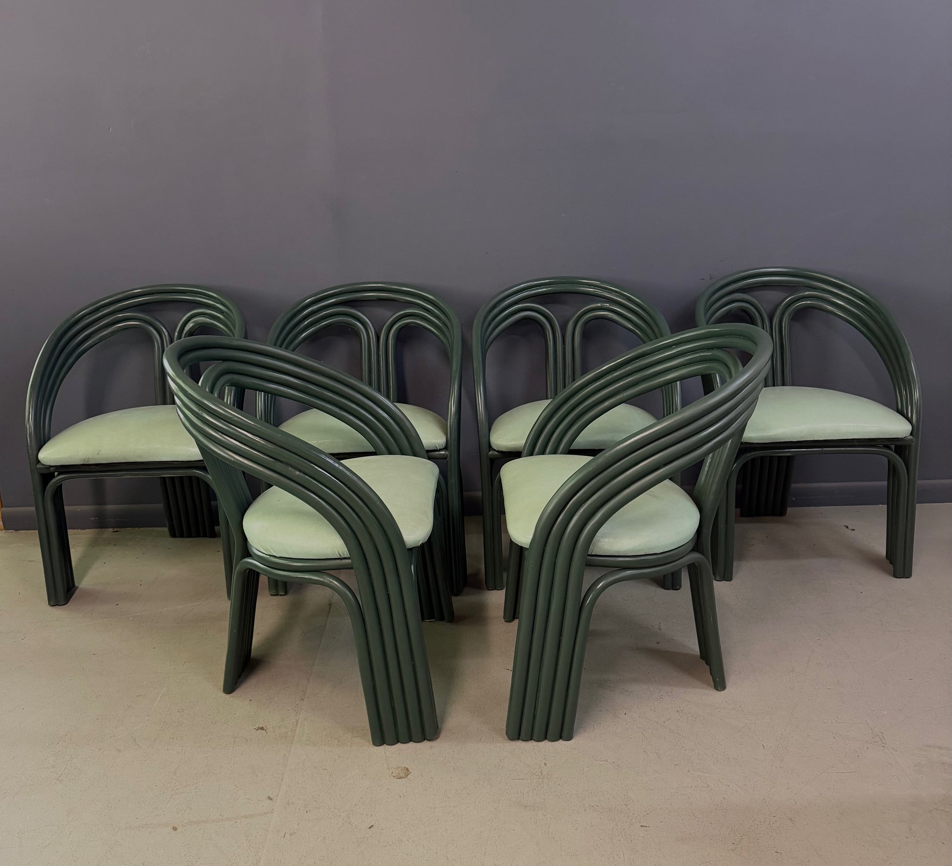 Set of 6 Postmodern Green Bent Rattan Dining Chair in the Style of Axel Enthoven