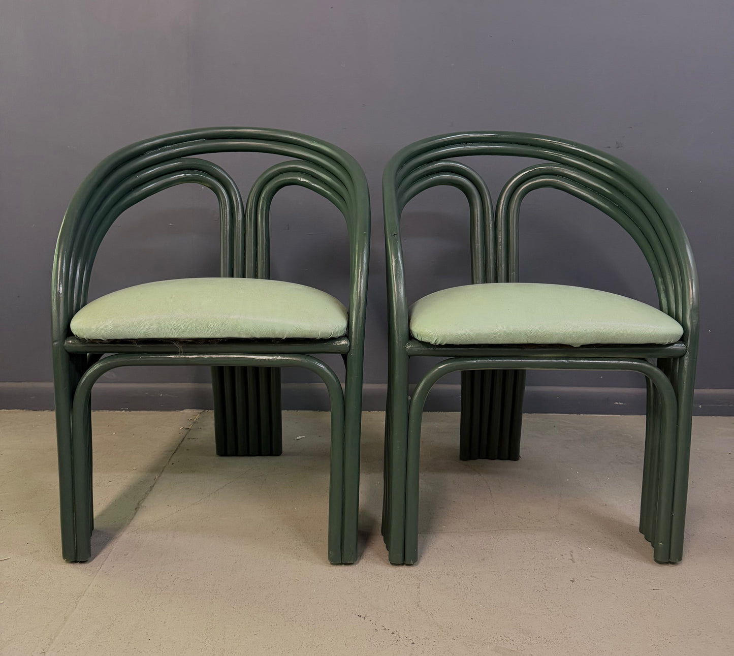Set of 6 Postmodern Green Bent Rattan Dining Chair in the Style of Axel Enthoven