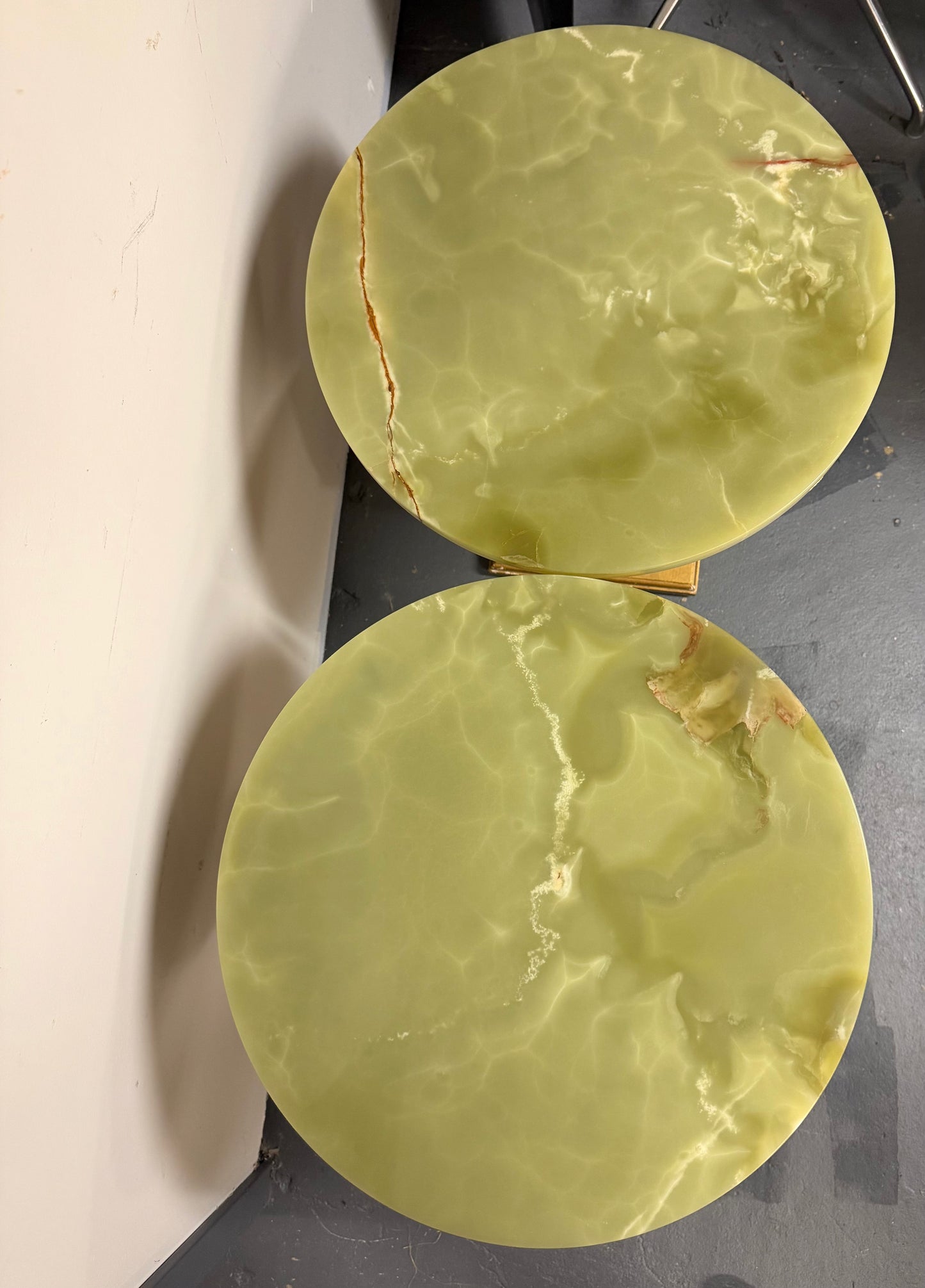 1970s Pair of Vintage Onyx Top Gilt Artichoke Pedestal Side Tables Mid Century