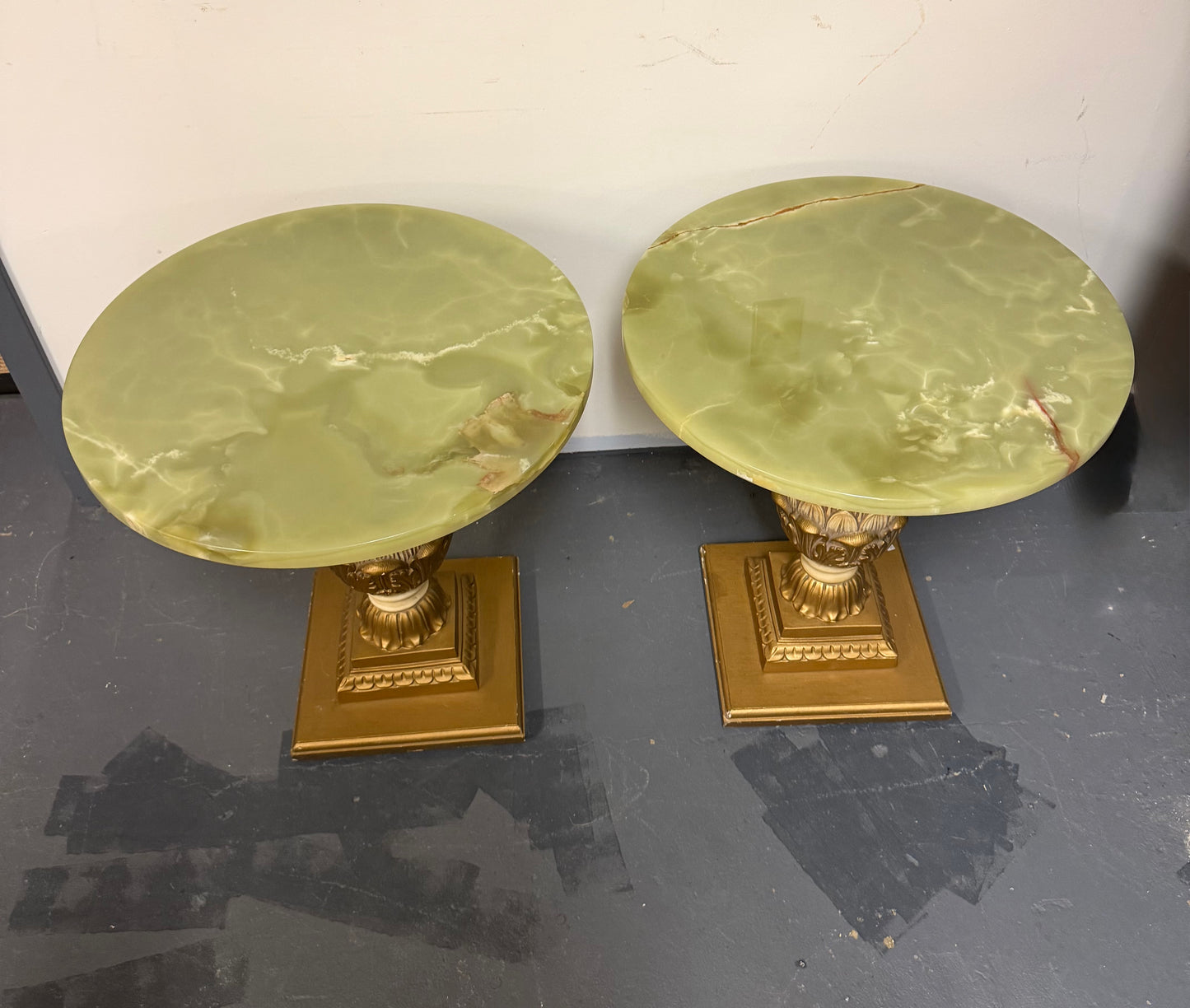 1970s Pair of Vintage Onyx Top Gilt Artichoke Pedestal Side Tables Mid Century