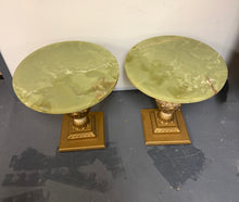 Load image into Gallery viewer, 1970s Pair of Vintage Onyx Top Gilt Artichoke Pedestal Side Tables Mid Century