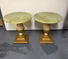 Load image into Gallery viewer, 1970s Pair of Vintage Onyx Top Gilt Artichoke Pedestal Side Tables Mid Century