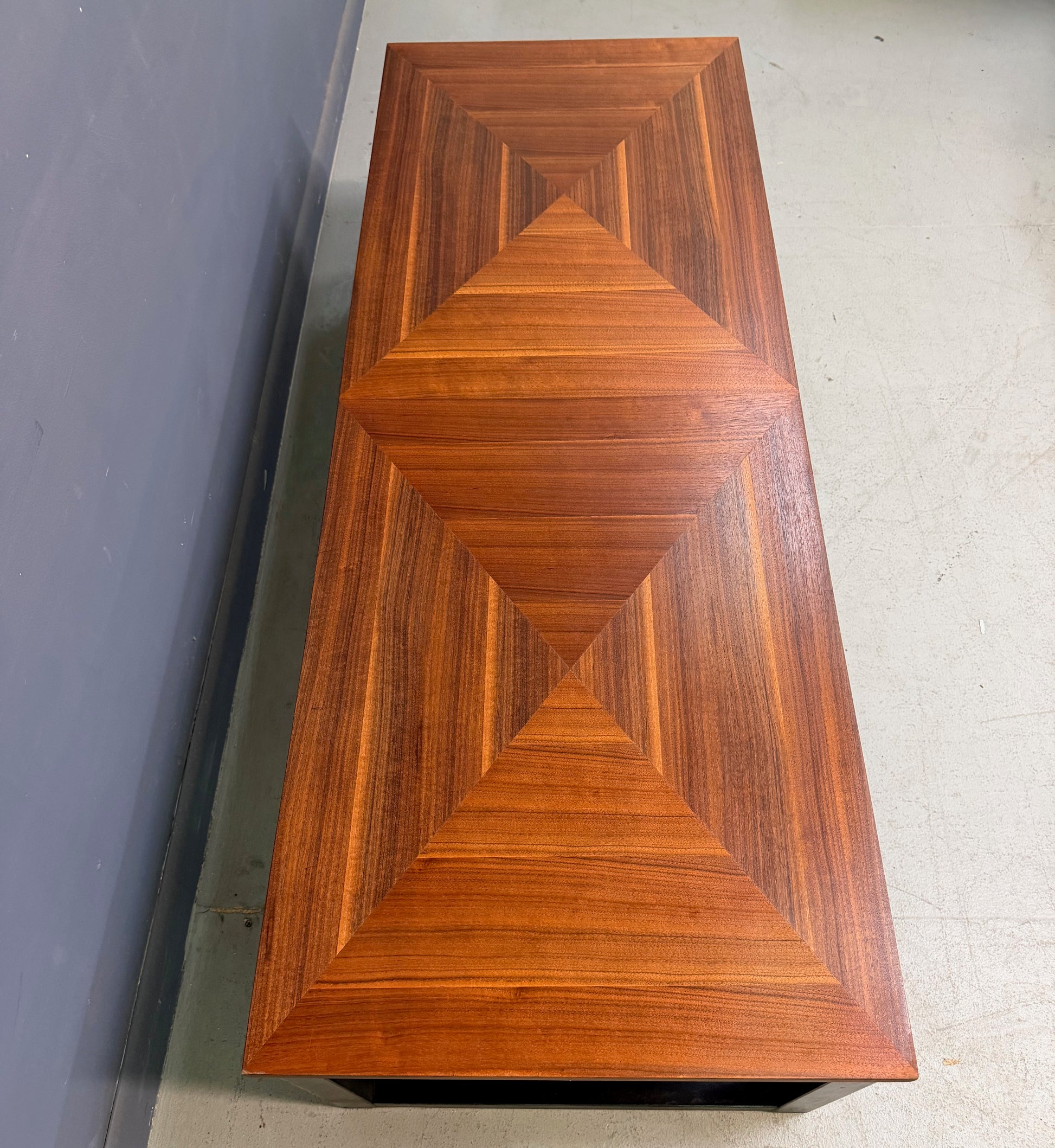 Founders Mid-Century Modern Walnut Parquetry Coffee Table with Black Wood Base