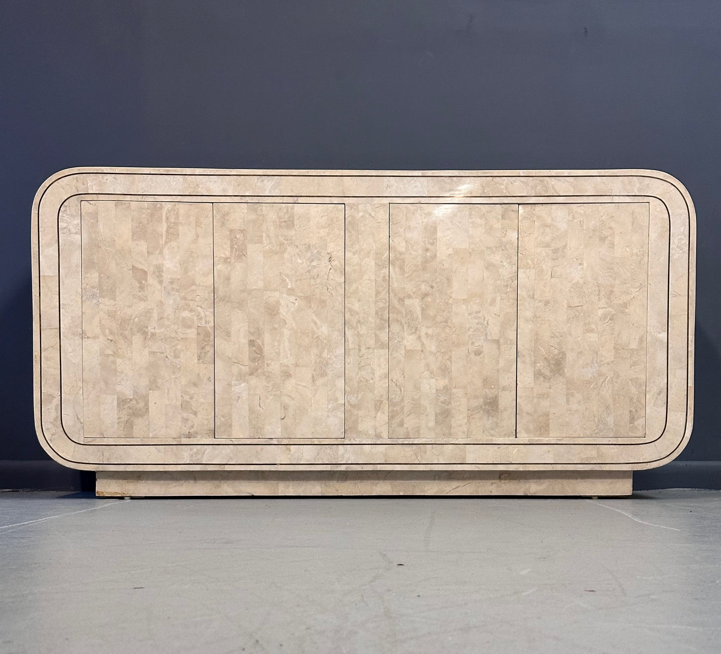 SOLD – Maitland Smith 1980s Tessellated Stone Rounded Credenza with Brass Detailing