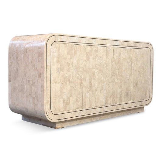 SOLD – Maitland Smith 1980s Tessellated Stone Rounded Credenza with Brass Detailing