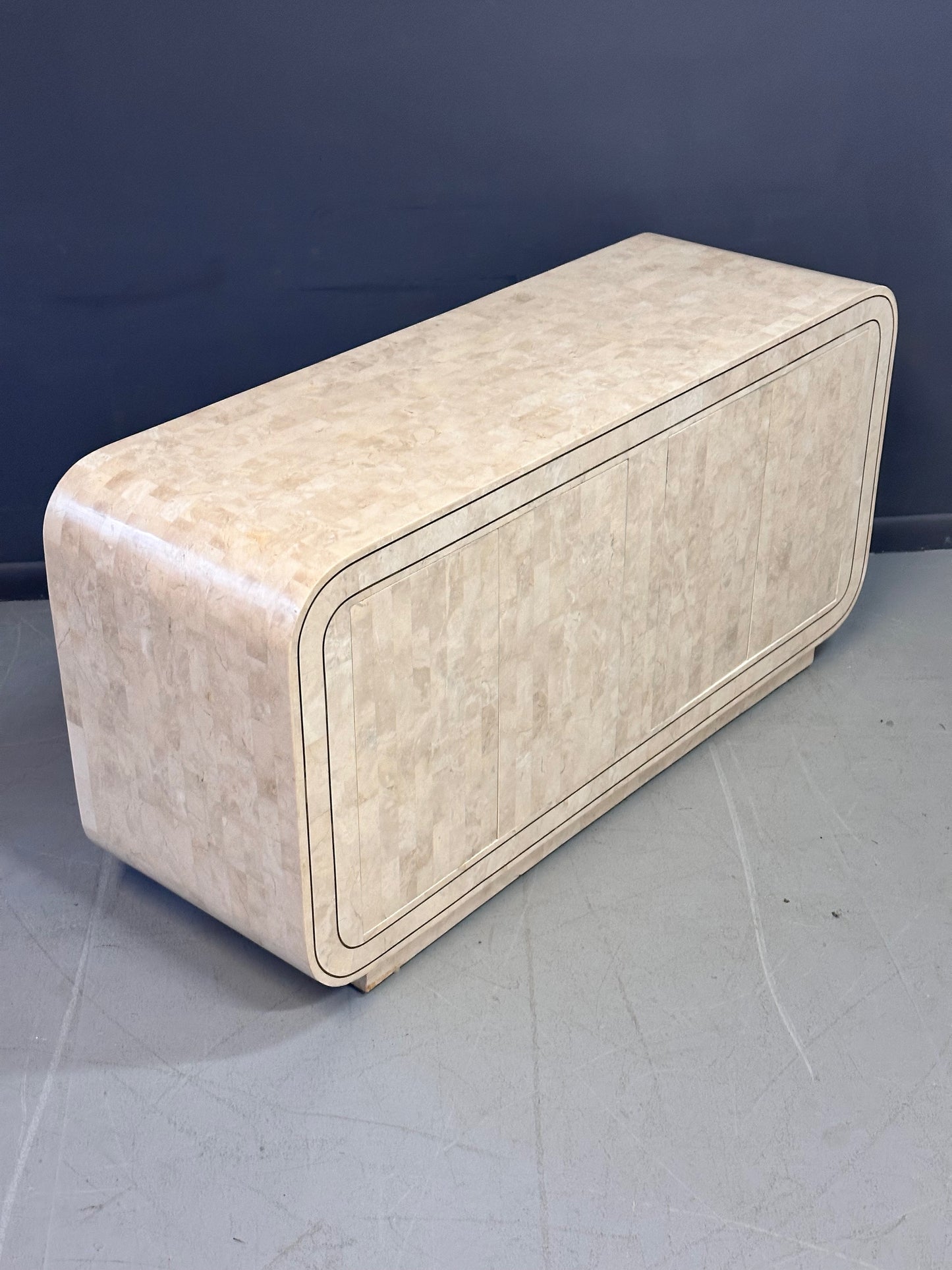 SOLD – Maitland Smith 1980s Tessellated Stone Rounded Credenza with Brass Detailing