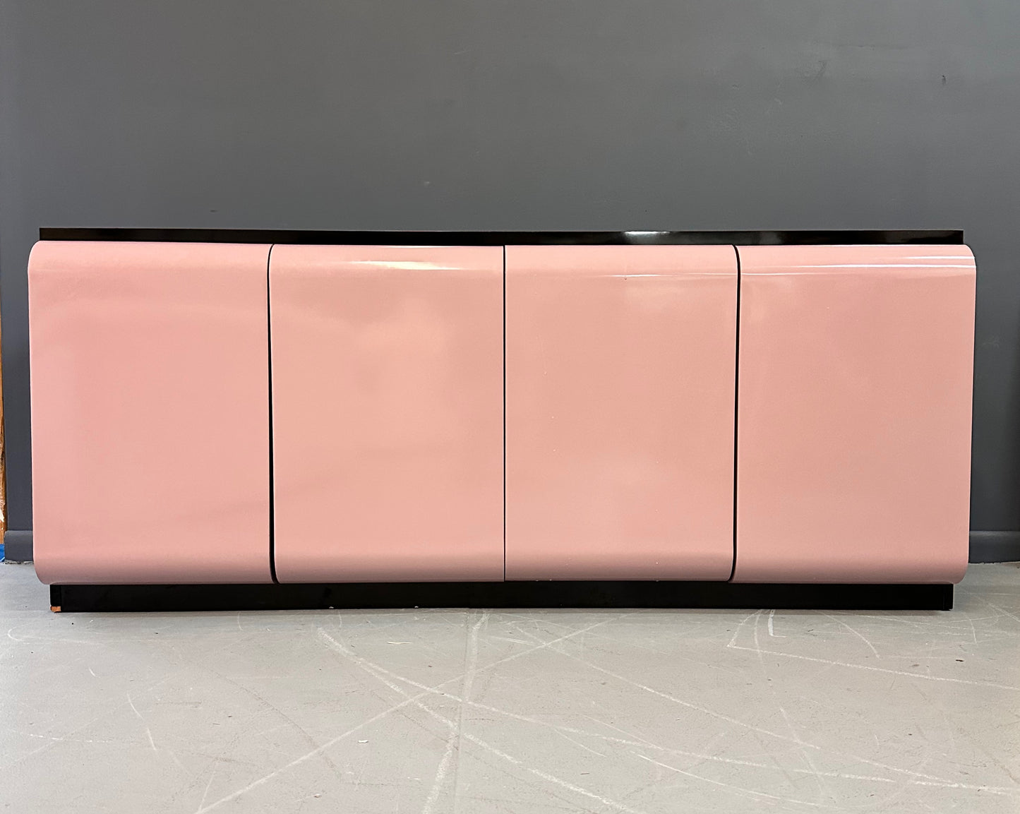 SOLD – 1980s Post Modern Laminate Four Door Credenza in Mauve with One Drawer & Shelves
