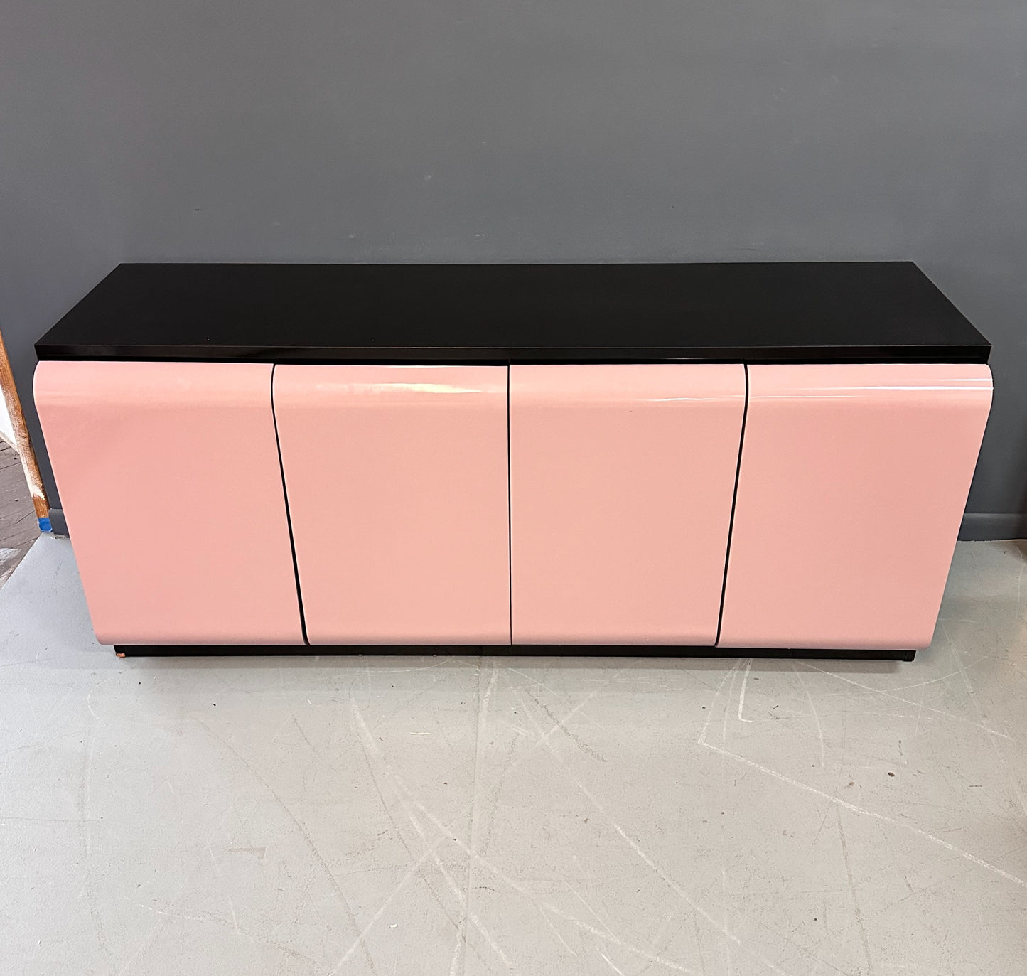 SOLD – 1980s Post Modern Laminate Four Door Credenza in Mauve with One Drawer & Shelves