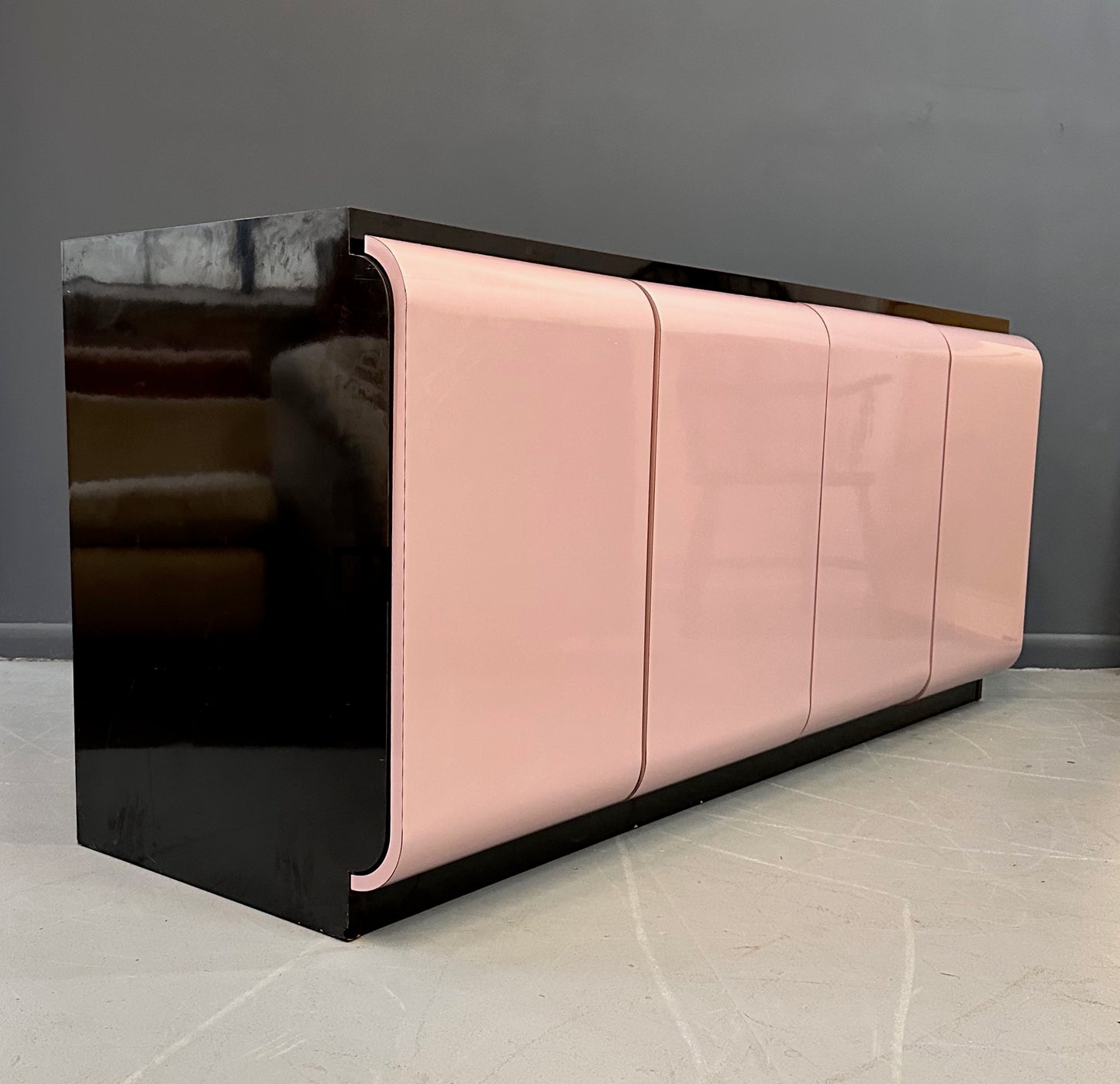 SOLD – 1980s Post Modern Laminate Four Door Credenza in Mauve with One Drawer & Shelves