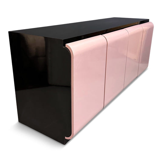 SOLD – 1980s Post Modern Laminate Four Door Credenza in Mauve with One Drawer & Shelves