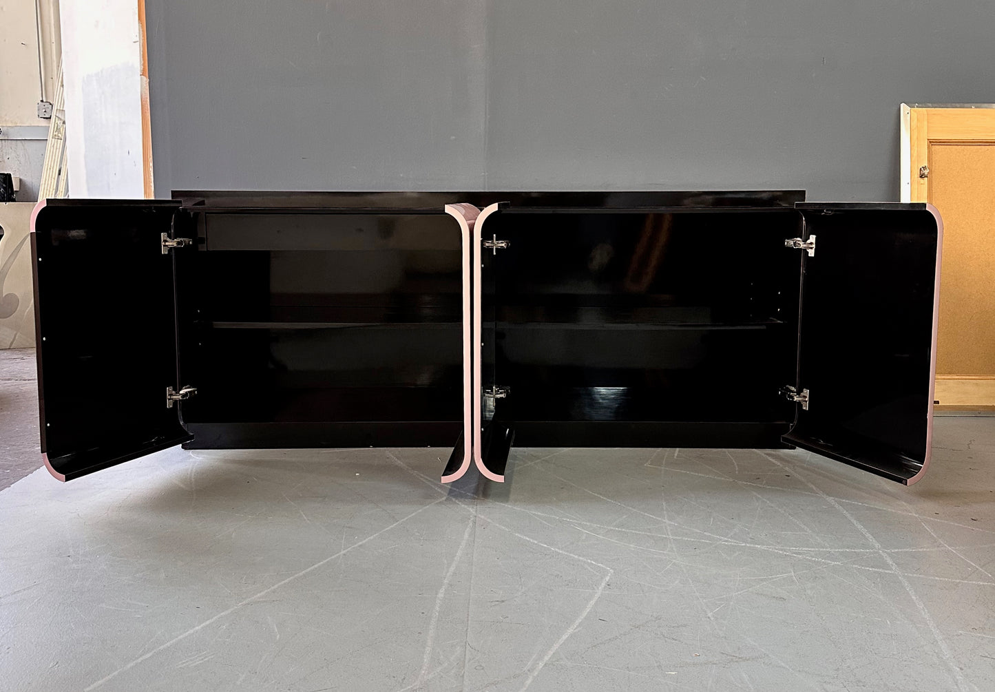 SOLD – 1980s Post Modern Laminate Four Door Credenza in Mauve with One Drawer & Shelves