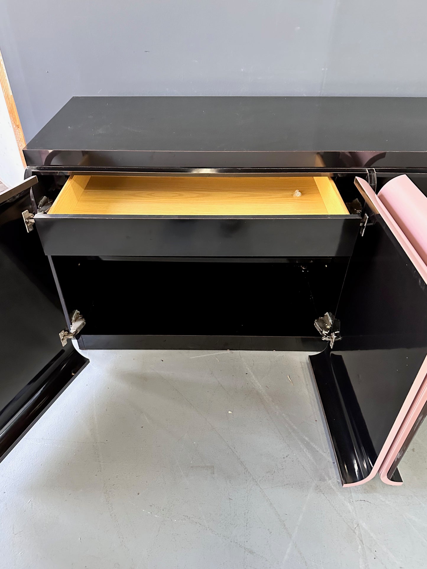 SOLD – 1980s Post Modern Laminate Four Door Credenza in Mauve with One Drawer & Shelves