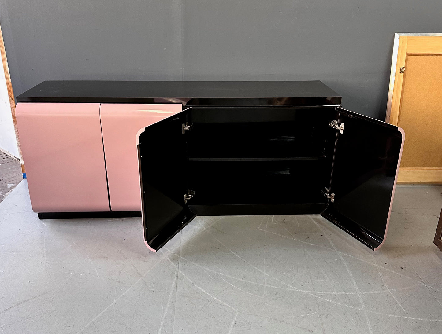 SOLD – 1980s Post Modern Laminate Four Door Credenza in Mauve with One Drawer & Shelves