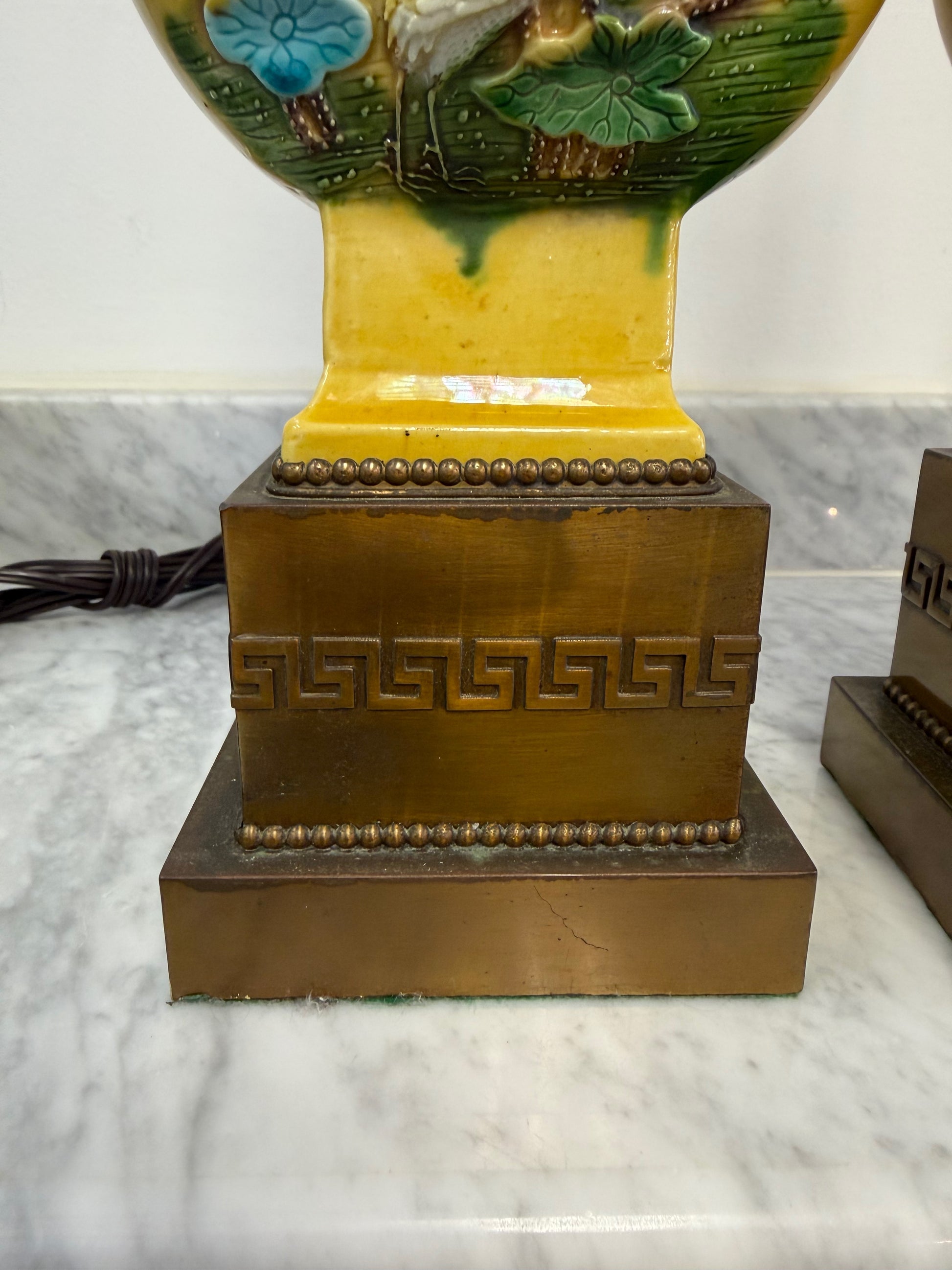 Porcelain Lamps w/Lotus & Crane Motif, Brass Greek Key