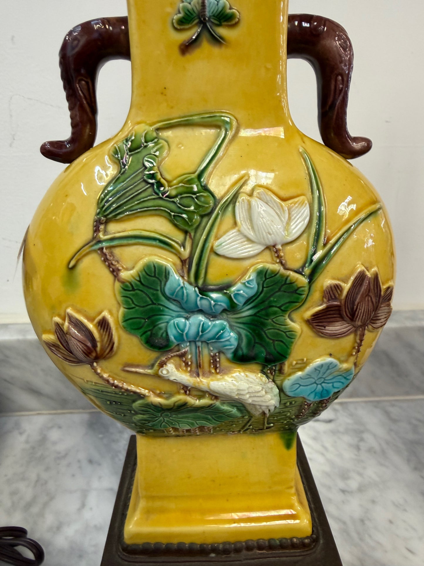 Porcelain Lamps w/Lotus & Crane Motif, Brass Greek Key