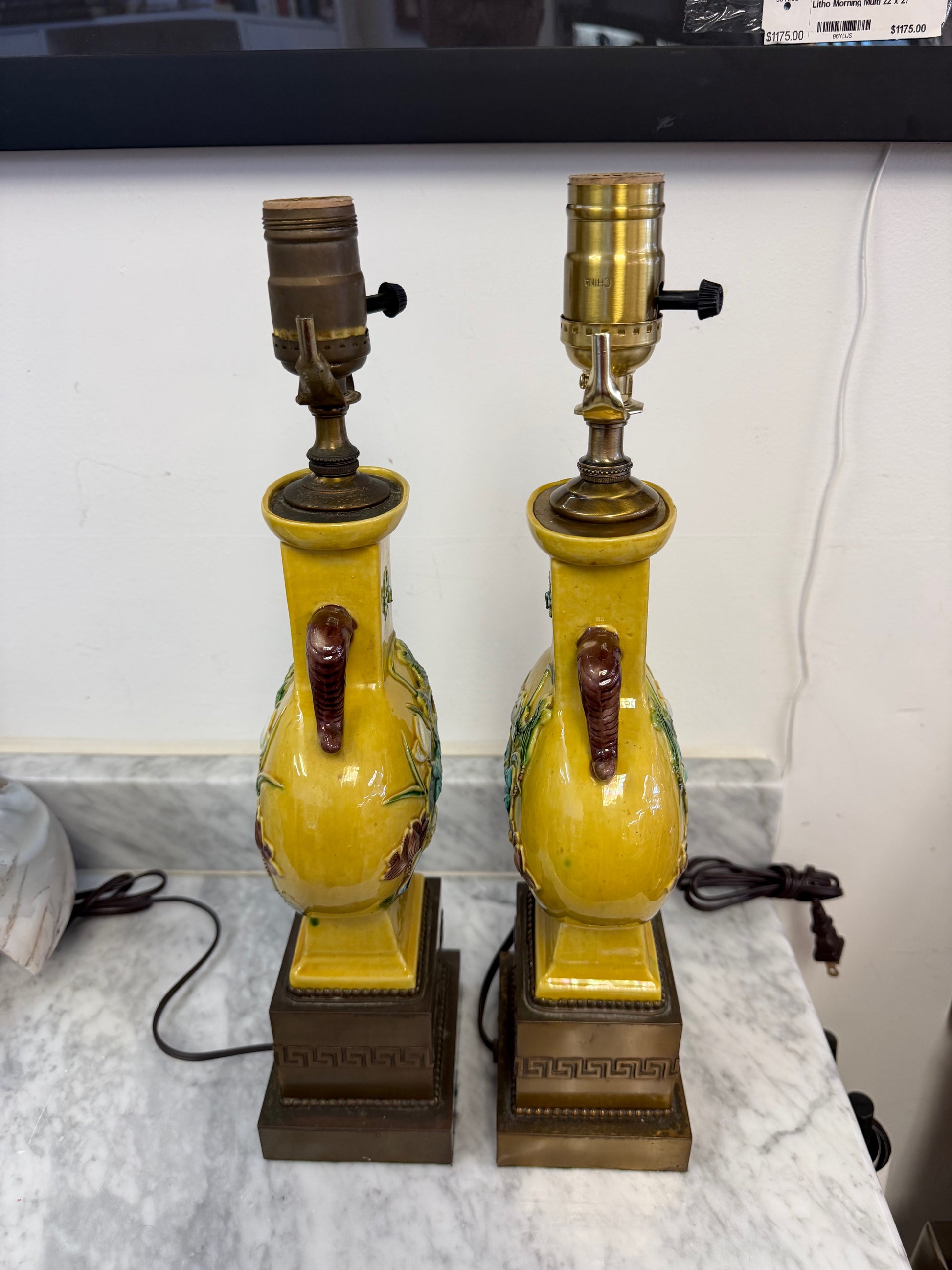 Porcelain Lamps w/Lotus & Crane Motif, Brass Greek Key