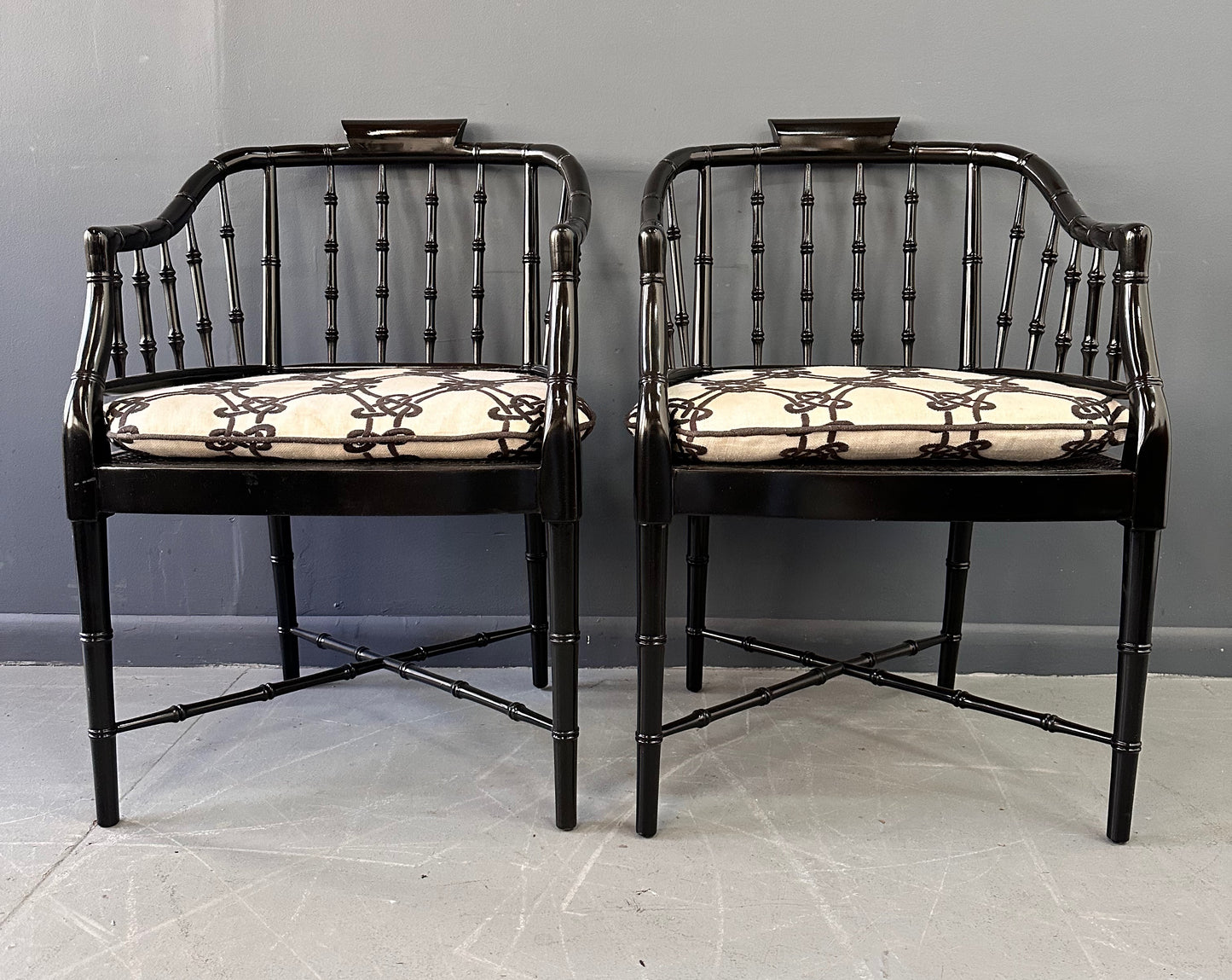 SOLD – Pair of Chinoiserie Hollywood Regency Faux Bamboo Armchairs in Black by Baker